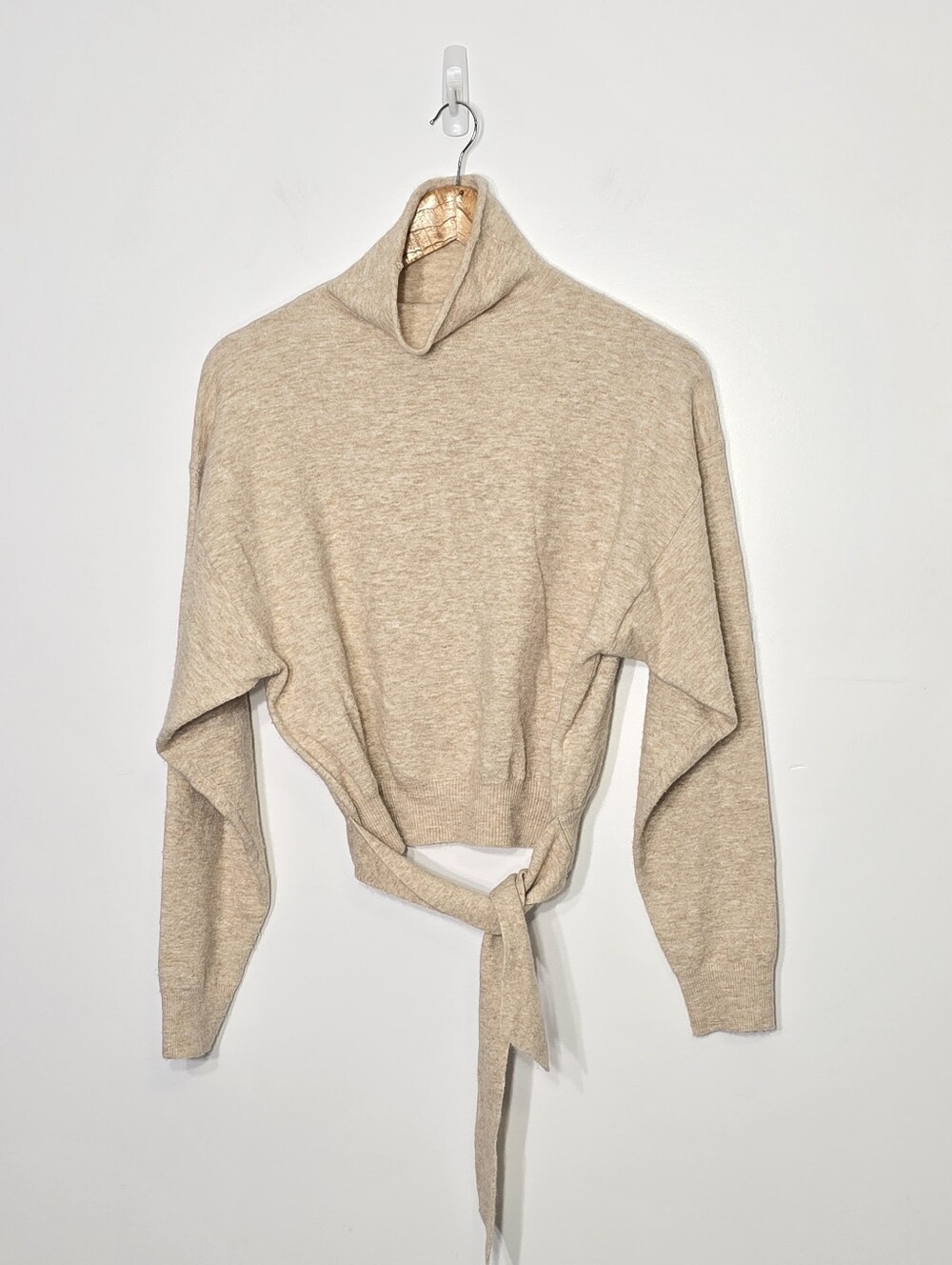 Wilfred Aritzia Cream Tan Cropped Tie Front Wool Cashmere Blend Lose Turtleneck